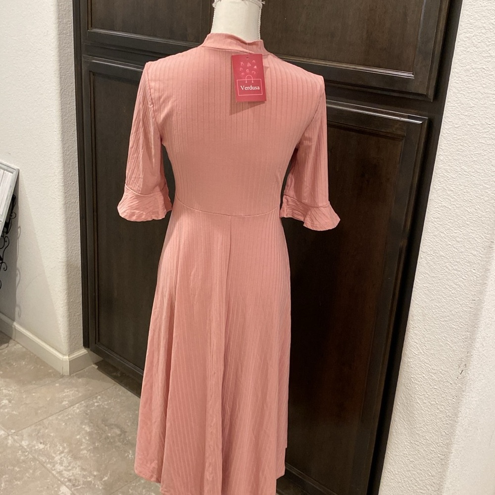 VERDUSA elegant flare midi dress, bell sleeves, rose pink, NWT, size M - Picture 3 of 8
